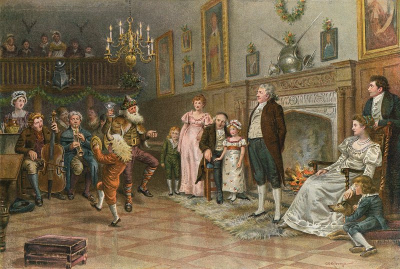 Wnętrze sali przodków giermków: Country Mummers dający świąteczną rozrywkę autorstwa George Goodwin Kilburne