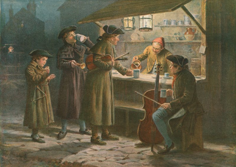 Boże Narodzenie czeka orzeźwiające się w nocnym straganie autorstwa George Goodwin Kilburne