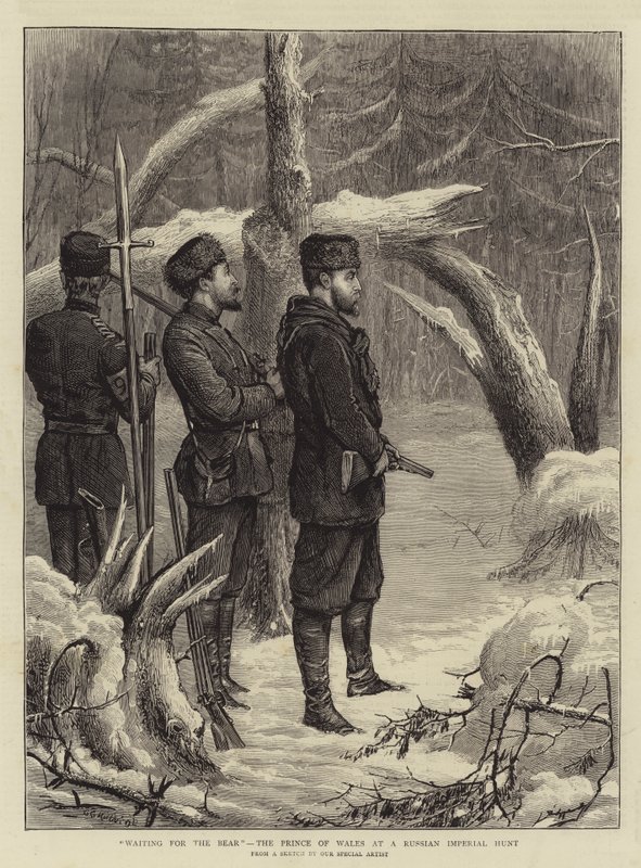 Czekając na niedźwiedzia, księcia Walii na rosyjskim polowaniu cesarskim autorstwa George Goodwin Kilburne