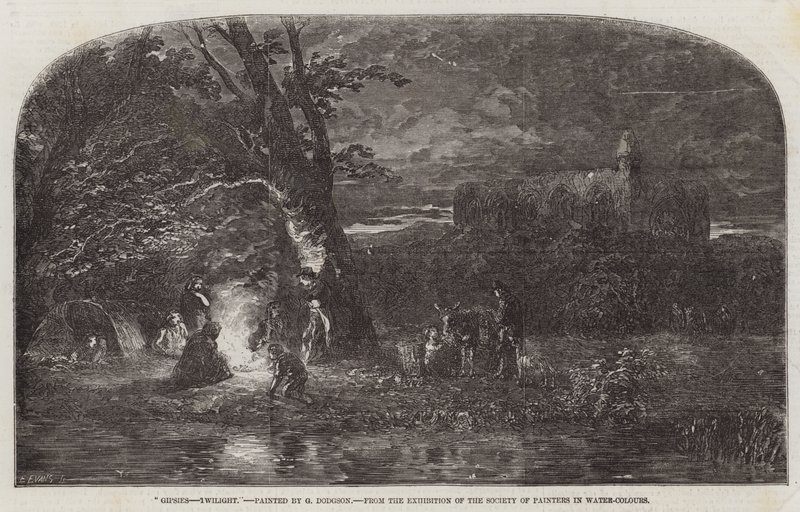 Cyganie, Zmierzch, z Wystawy Towarzystwa Malarzy Akwarelowych autorstwa George Haydock Dodgson