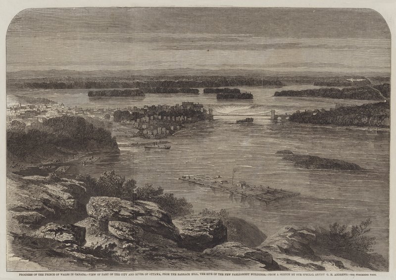 Postęp księcia Walii w Kanadzie, widok części miasta i rzeki Ottawy, z Barrack Hill, w miejscu nowych budynków parlamentu autorstwa George Henry Andrews