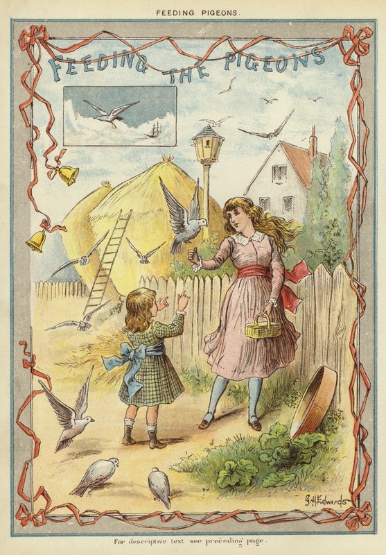 Karmienie gołębi (chromolitho) autorstwa George Henry Edwards