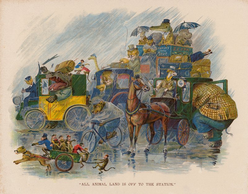 Ilustracja do filmu "Wycieczka zwierząt do morza" (kolorowa litografia) autorstwa George Henry Thompson