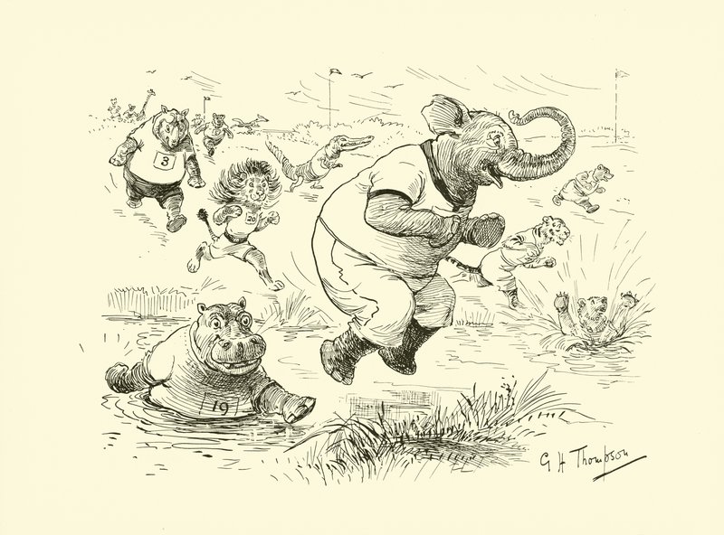 Zwierzęta na igrzyskach olimpijskich (litografia) autorstwa George Henry Thompson