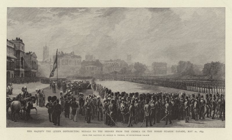 Jej Królewska Mość Królowa Rozdaje Medale Bohaterom Krymu na Paradzie Gwardii Konnej, 21 maja 1855 autorstwa George Housman Thomas