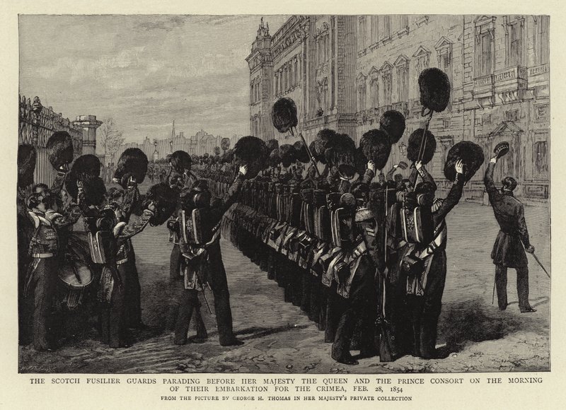 Scotch Fizylier Guards paraduje przed Jej Wysokością Królową i Księciem Małżonkiem w poranek ich zaokrętowania na Krym, 28 lutego 1854 autorstwa George Housman Thomas