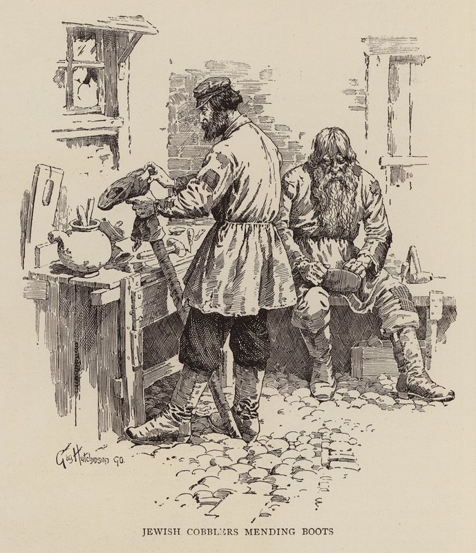 Żydowscy szewcy naprawiający buty (grawerunek) autorstwa George Hutchinson