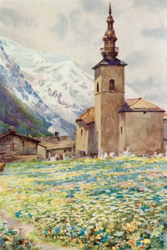 Mont Blanc i kościół Argentiere (kolor lito) autorstwa George Jackson Flemwell