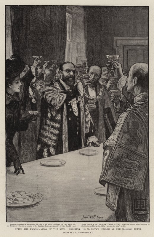 Po proklamacji króla, picie zdrowia Jego Królewskiej Mości w Dworze autorstwa George Percy Jacomb Hood