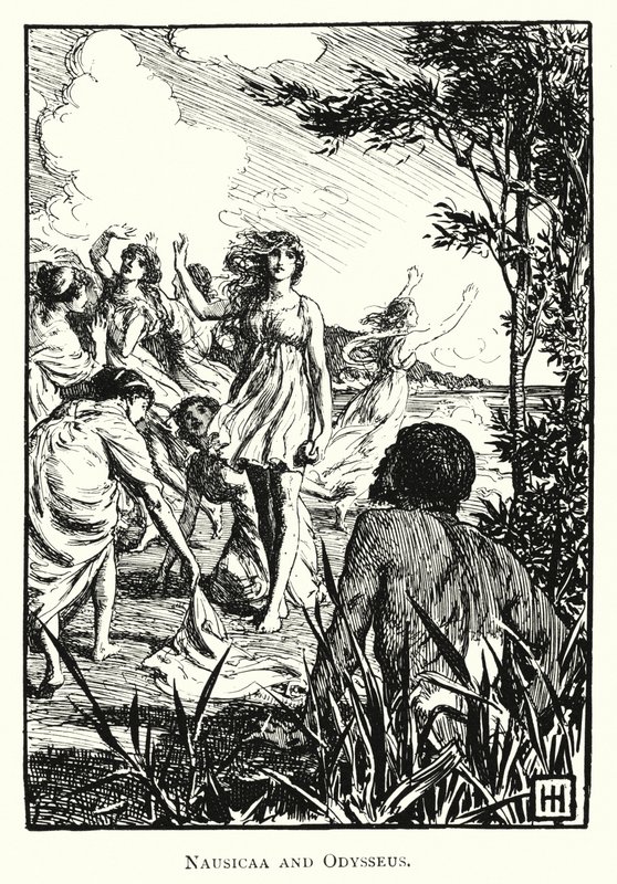Odyseja: Nausicaa i Odyseusz (rycina) autorstwa George Percy Jacomb Hood