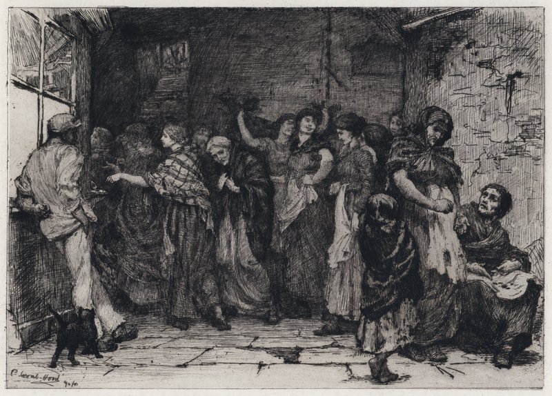 Dzień wypłaty w przędzalni bawełny (akwaforta) autorstwa George Percy Jacomb Hood