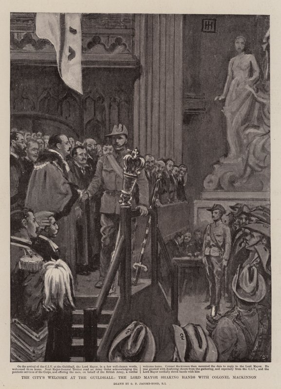 Powitanie miasta w sali gildii, burmistrz uścisk dłoni z pułkownikiem Mackinnonem autorstwa George Percy Jacomb Hood
