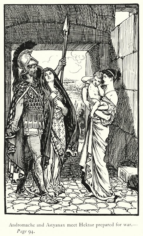 Iliada: Andromacha i Astianax spotykają Hektora przygotowanego do wojny (rycina) autorstwa George Percy Jacomb Hood