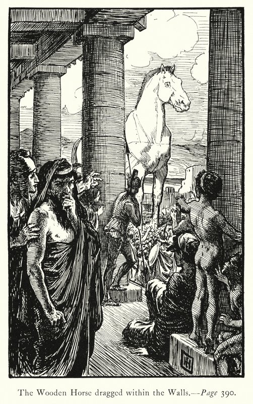 Iliada: Drewniany koń wciągnięty w mury (rycina) autorstwa George Percy Jacomb-Hood