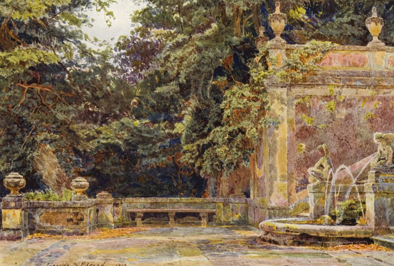 Włoskie ogrody: U stóp kaskady, Villa Corsini (kolorowa litografia) autorstwa George Samuel Elgood