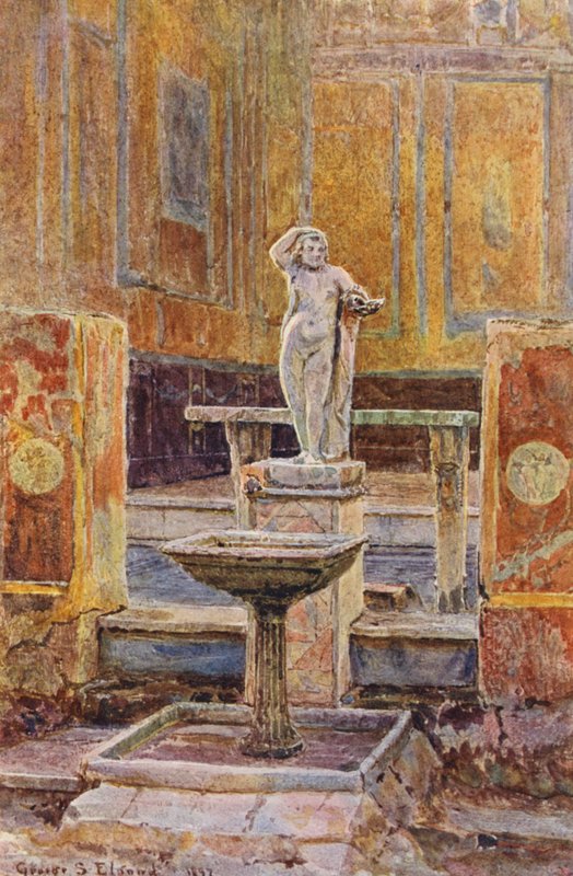Włoskie ogrody: Dom z wiszącym balkonem, Pompeje (kolorowa litografia) autorstwa George Samuel Elgood