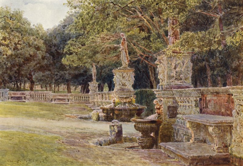 Włoskie ogrody: Dziedziniec, Villa Borghese (kolorowa litografia) autorstwa George Samuel Elgood
