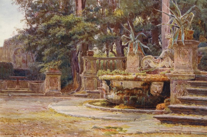 Włoskie ogrody: Fontanna, Villa Corsini (kolorowa litografia) autorstwa George Samuel Elgood
