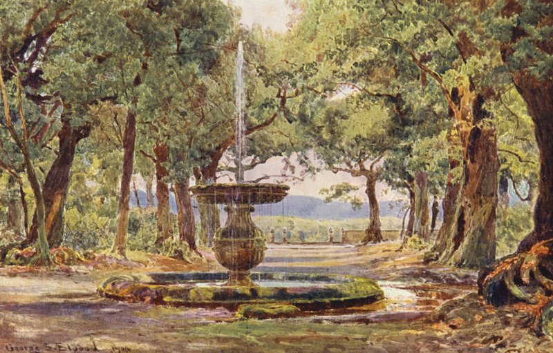 Włoskie ogrody: Fontanna w Bosco, Villa Conti (kolorowa litografia) autorstwa George Samuel Elgood