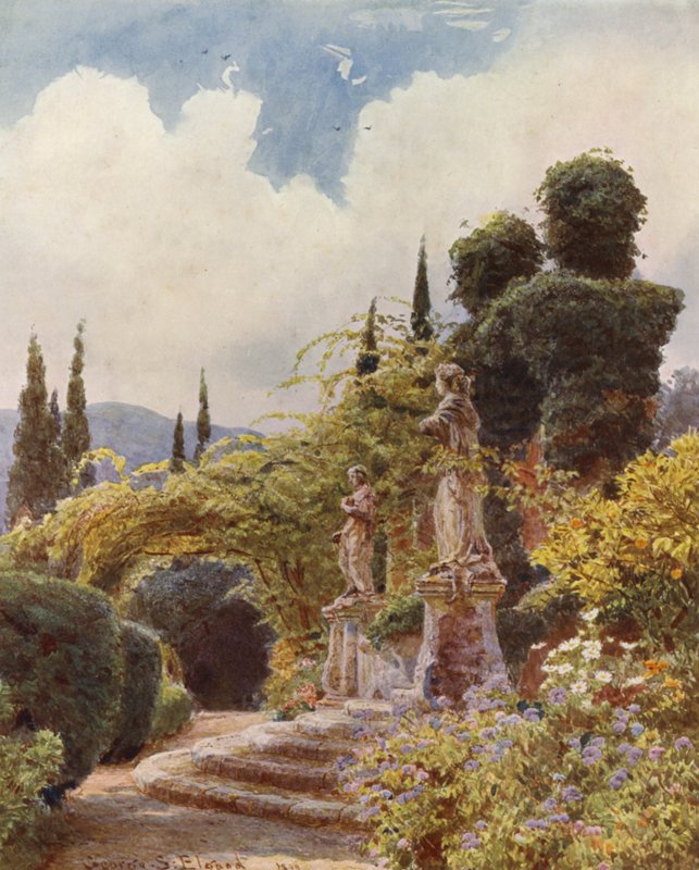 Włoskie ogrody: Brama, Villa Arson (kolorowa litografia) autorstwa George Samuel Elgood