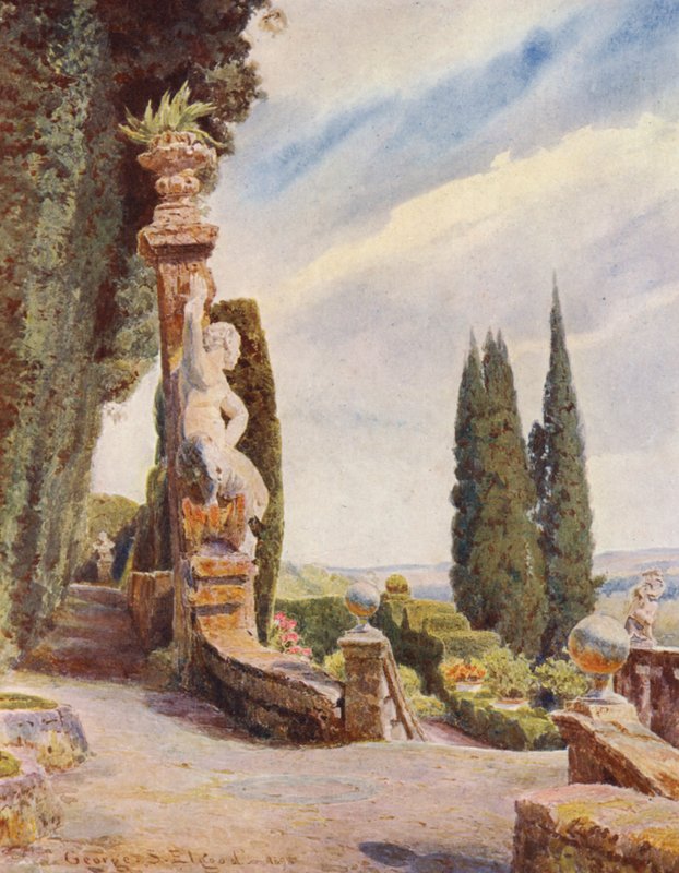 Ogrody włoskie: Głowa Wielkich Schodów, Villa Garzoni (kolorowa litografia) autorstwa George Samuel Elgood