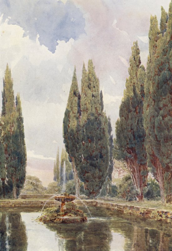 Włoskie ogrody: Il Laghetto, Villa Falconieri (kolorowa litografia) autorstwa George Samuel Elgood
