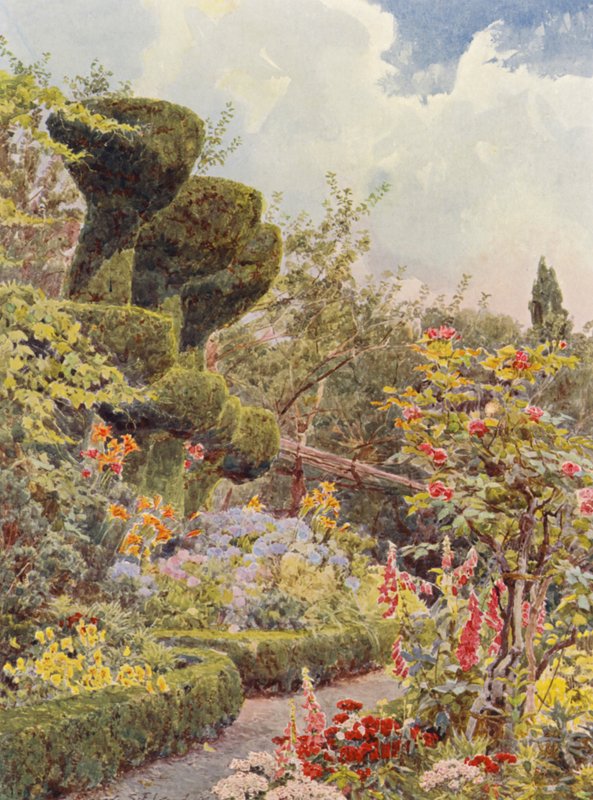 Włoskie ogrody: La Badia, Ogród klasztorny (kolorowa litografia) autorstwa George Samuel Elgood