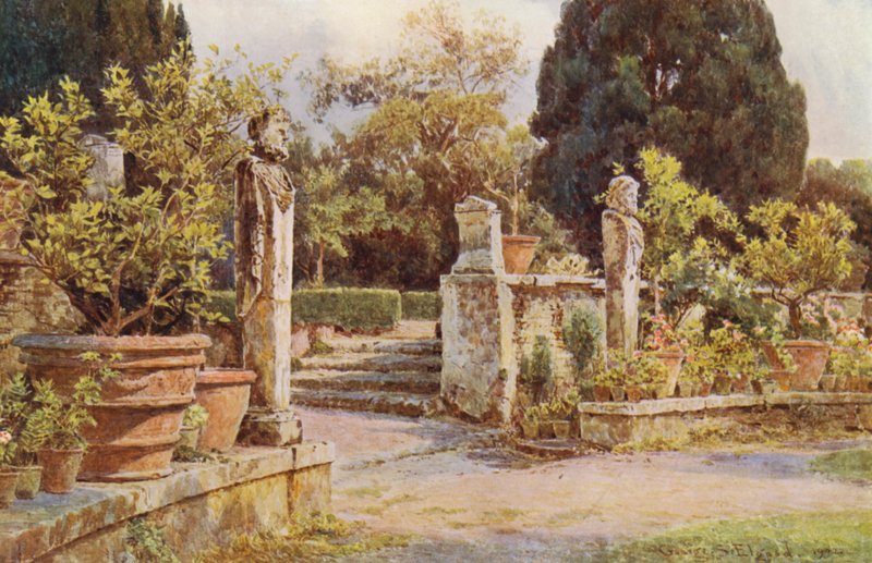 Włoskie ogrody: Terminal Statues, Villa Piatti (kolorowa litografia) autorstwa George Samuel Elgood