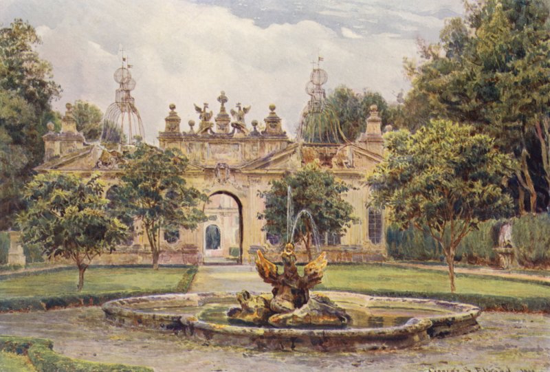 Włoskie ogrody: Woliera, Villa Borghese (kolorowa litografia) autorstwa George Samuel Elgood