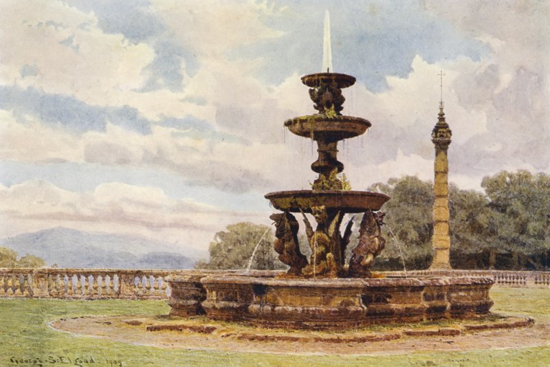 Włoskie ogrody: Fontanna Smoka, Villa Mondragone (kolorowa litografia) autorstwa George Samuel Elgood
