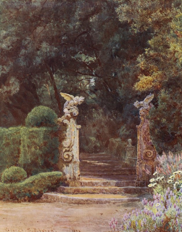 Włoskie ogrody: Smocza Brama, Villa Garzoni (kolorowa litografia) autorstwa George Samuel Elgood