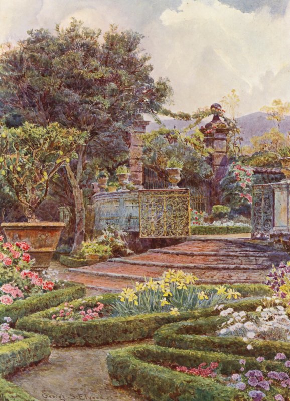 Włoskie ogrody: Brama ogrodowa, Villa di Caniparola (kolorowa litografia) autorstwa George Samuel Elgood