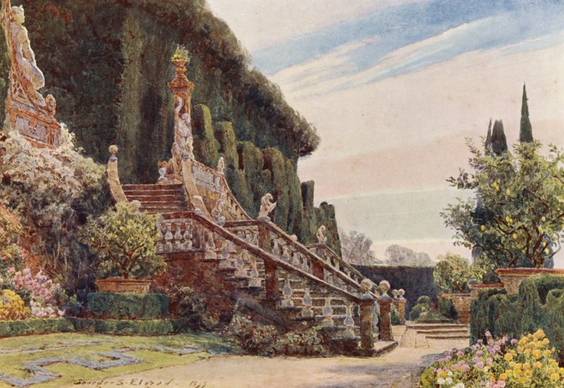 Włoskie ogrody: Wielkie schody, Villa Garzoni (kolorowa litografia) autorstwa George Samuel Elgood
