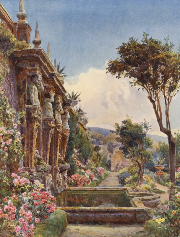 Włoskie ogrody: Dolny taras, Villa Imperiali (kolorowa litografia) autorstwa George Samuel Elgood