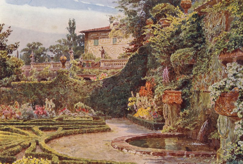 Włoskie ogrody: Palazzo from the Parterre, Villa Palmieri (kolorowa litografia) autorstwa George Samuel Elgood
