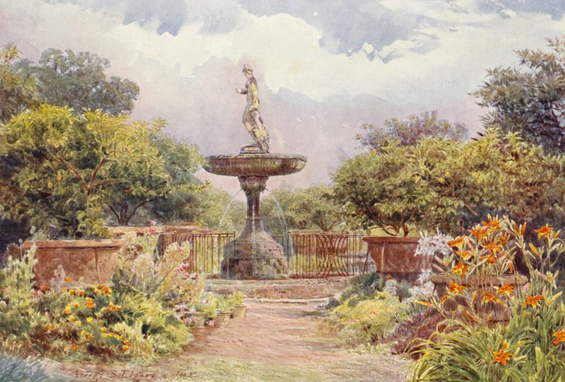 Włoskie ogrody: Villa Amari, Fontanna (kolorowa litografia) autorstwa George Samuel Elgood