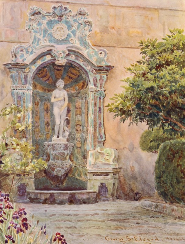 Włoskie ogrody: Villa Arson, Fontanna Wenus (kolorowa litografia) autorstwa George Samuel Elgood