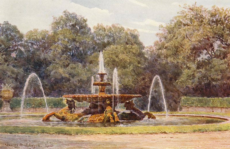Włoskie ogrody: Villa Borghese, Fontanna z koniem morskim (kolorowa litografia) autorstwa George Samuel Elgood