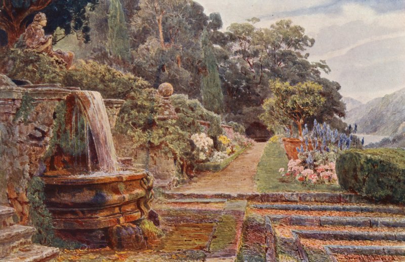 Włoskie ogrody: Villa Cicogna, Poniżej Kaskady (kolorowa litografia) autorstwa George Samuel Elgood