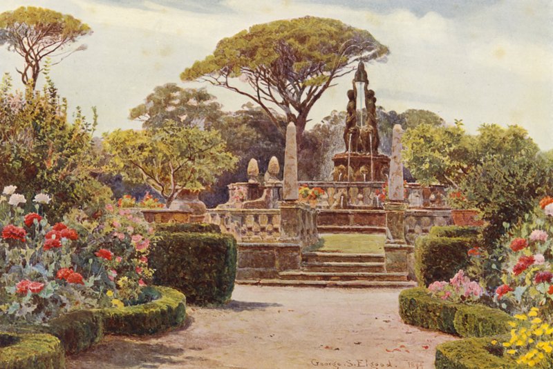Włoskie ogrody: Villa Lante w Bagnaja (kolorowa litografia) autorstwa George Samuel Elgood