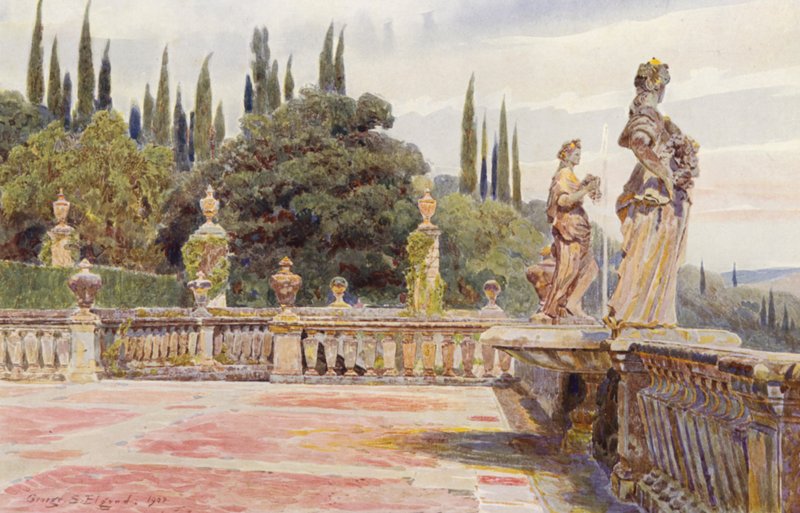 Włoskie ogrody: Villa Palmieri, Flora i Pomona (kolorowa litografia) autorstwa George Samuel Elgood