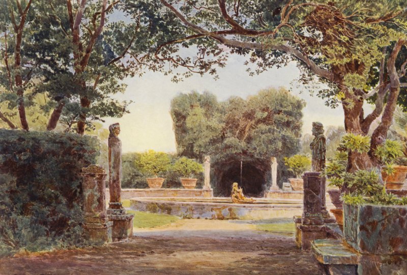 Włoskie ogrody: Villa Piatti, The Bay Walk (kolorowa litografia) autorstwa George Samuel Elgood