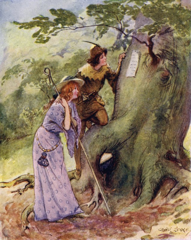 Ganimedes i Aliena byli dziwnie zaskoczeni, gdy na drzewach wyryto imię Rosalind? autorstwa George Soper