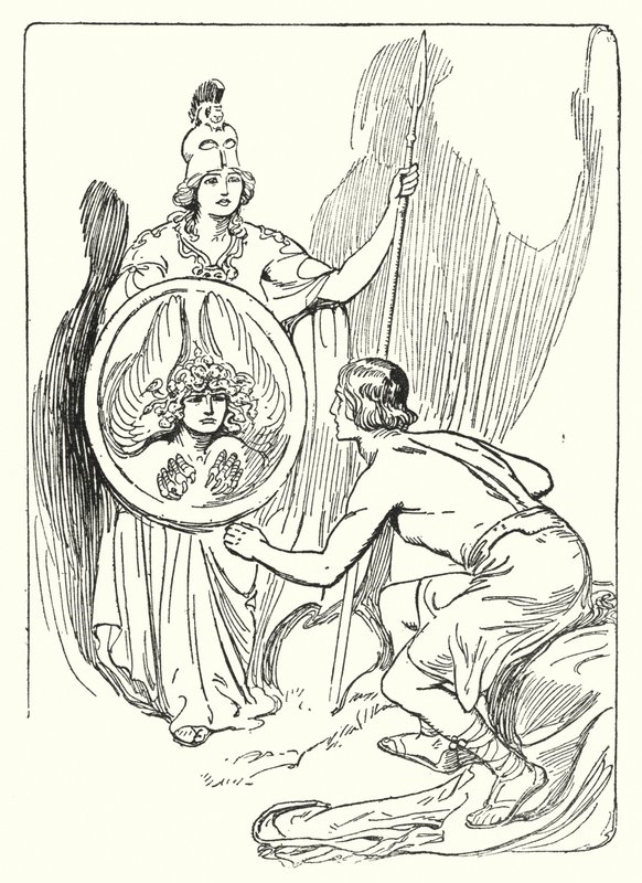Perseusz: „W lustrze tarczy pojawiła się twarz” (litografia) autorstwa George Soper