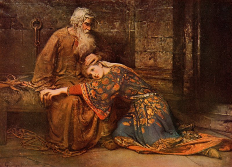 Szekspir: Cordelia pociesza Króla Leara w więzieniu, Król Lear, Akt V, Scena 3 (kolor lito) autorstwa George William (after) Joy