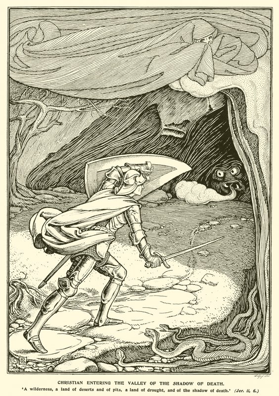 Christian wkraczający do Doliny Cienia Śmierci (rycina) autorstwa George Woolliscroft Rhead