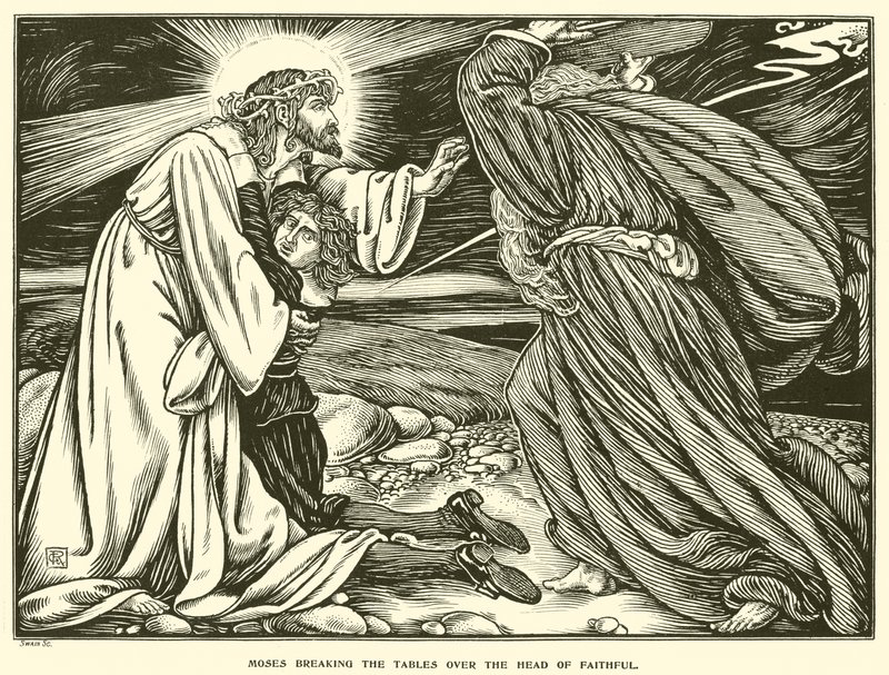 Mojżesz łamiący stoły nad głową wiernych (rycina) autorstwa George Woolliscroft Rhead