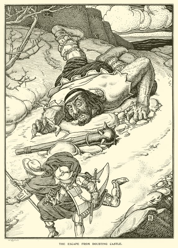Ucieczka z Zamku Zwątpienia (rycina) autorstwa George Woolliscroft Rhead