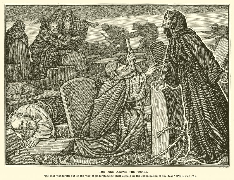 Ludzie wśród grobowców (rycina) autorstwa George Woolliscroft Rhead