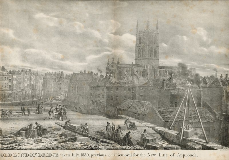 Old London Bridge zrobione w lipcu 1830 roku, przed jego usunięciem dla nowej linii podejścia autorstwa George the Elder Scharf